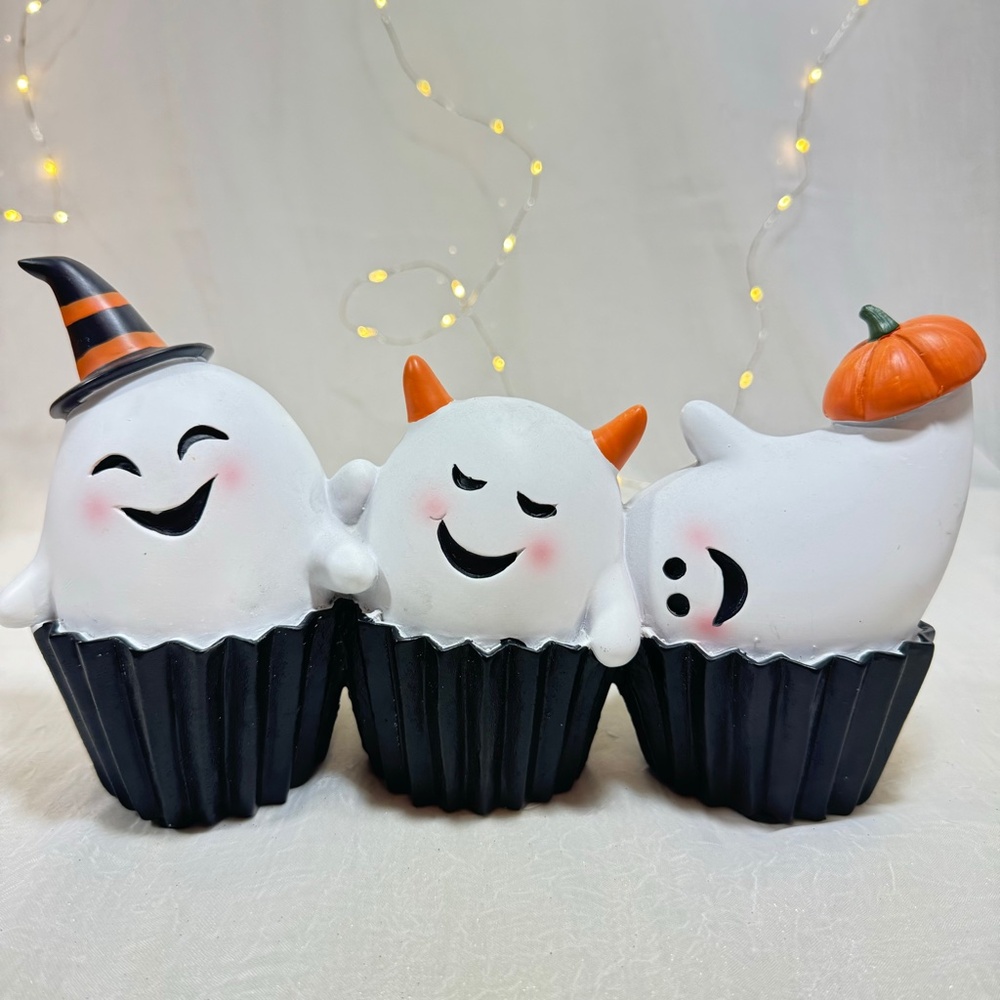 Goblin and & Ghoul Trio Ghost Black Cupcakes with pumpkin and witch hat
